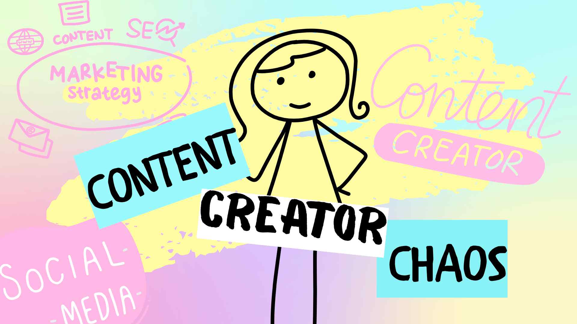stick person girl surrounded by social media/content creation iamges