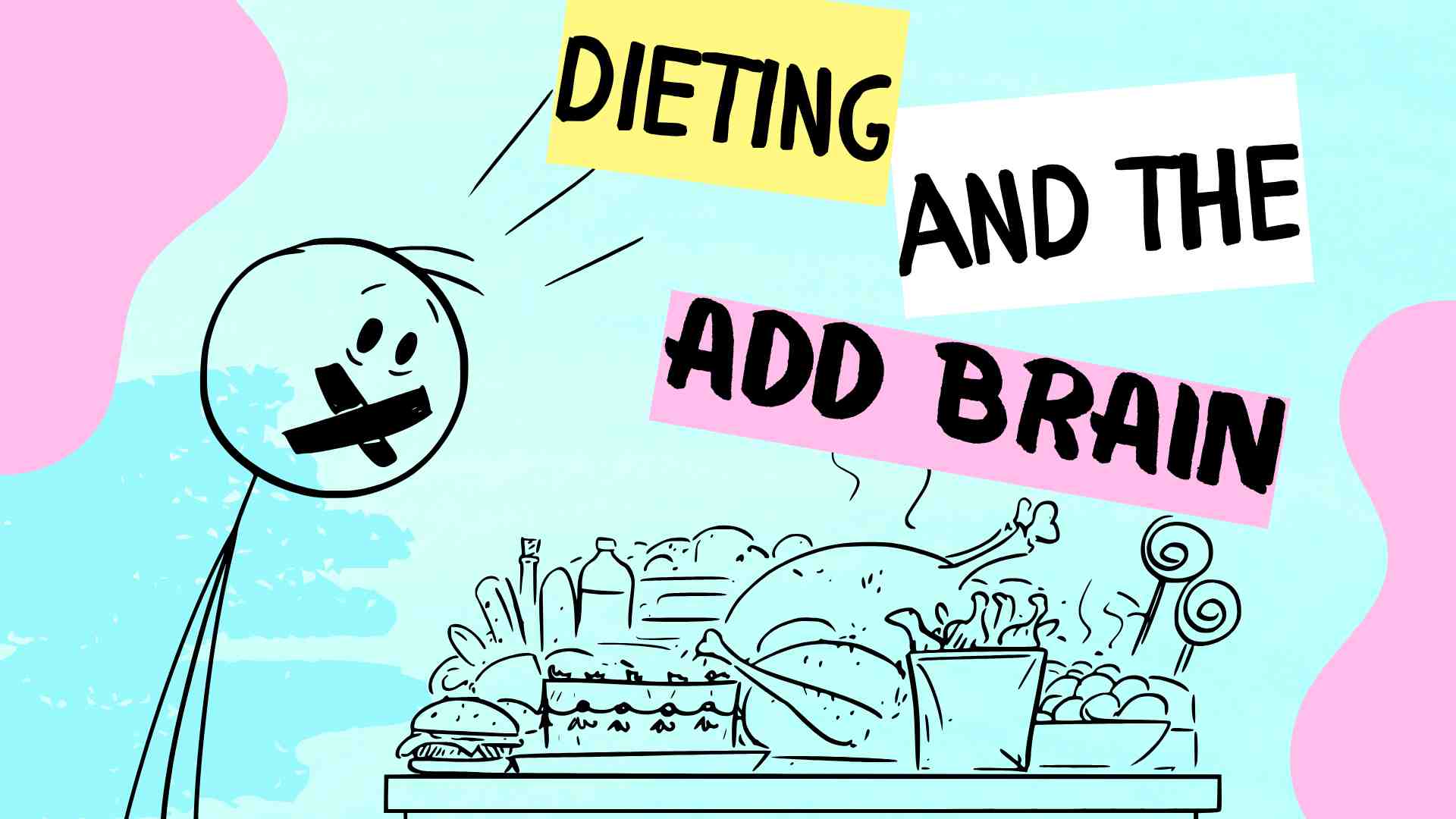 stick person with tape over mouth looking at table full of food