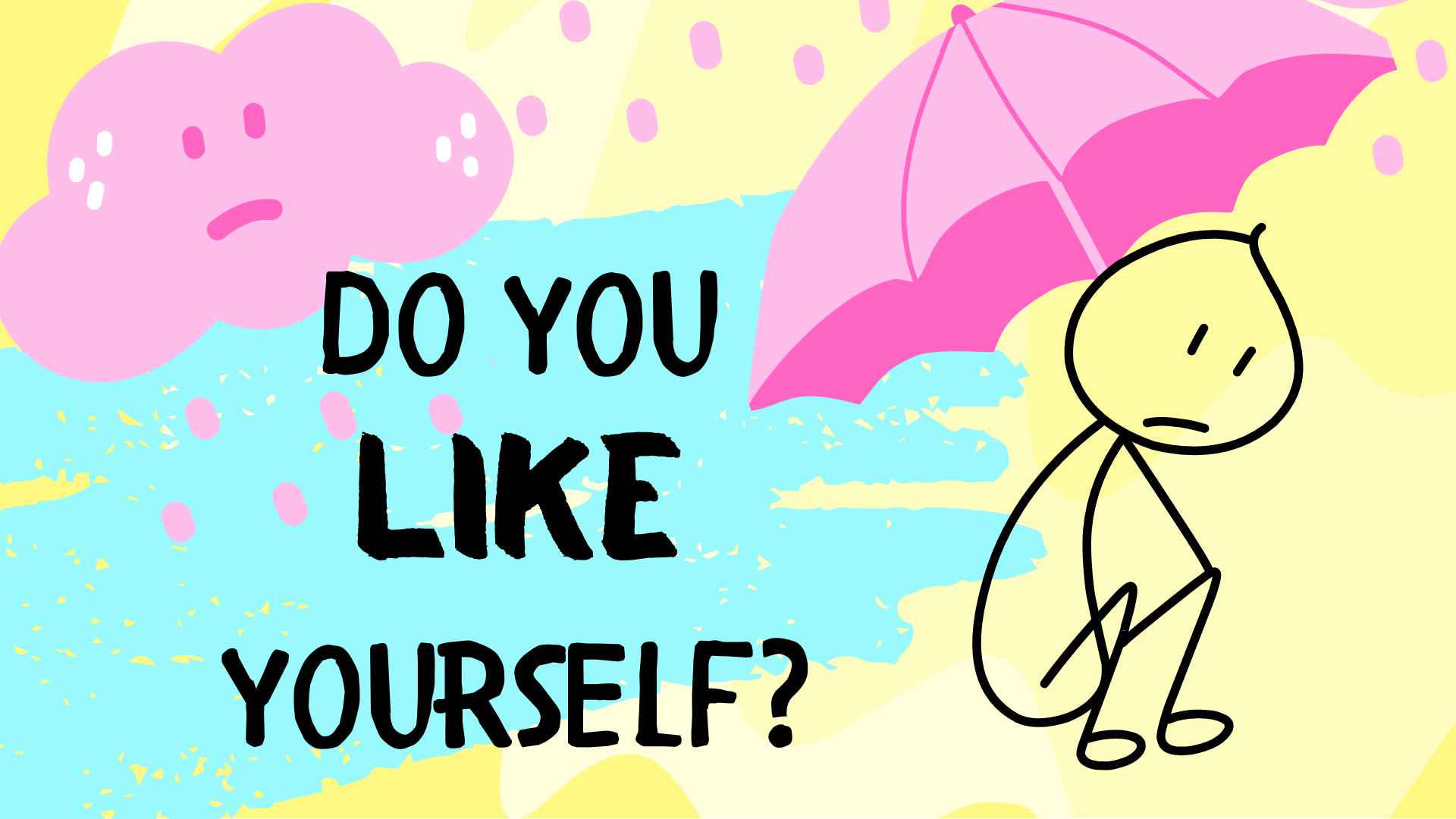 sad stick person with sad cloud, rain, and umbrella