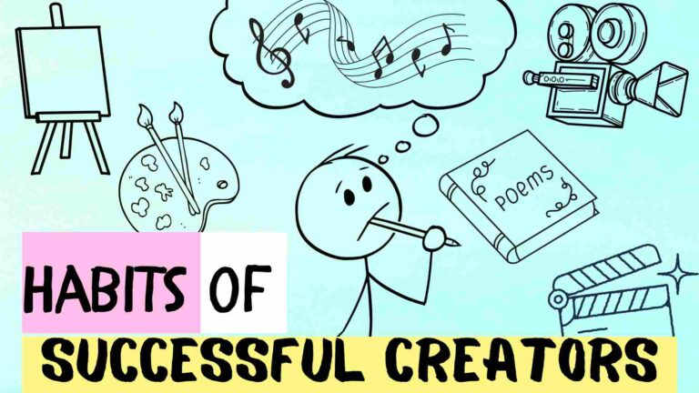 stick person surrounded by artful objects such as paint brush, music, book of poems, camera