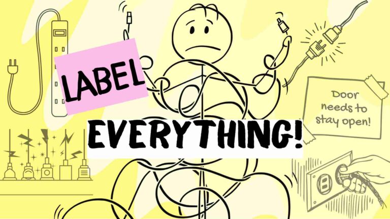 stick person tangled up in cords.