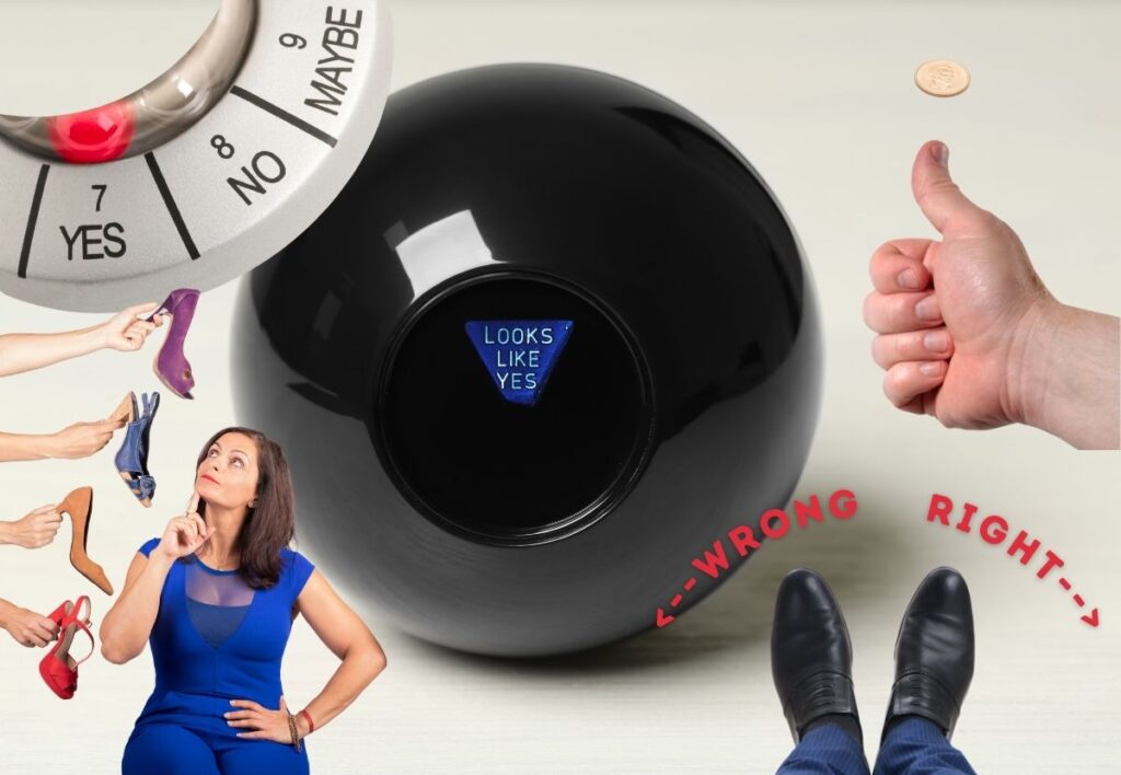 Magic 8 ball, coin flipping, and a spinner help to make a decision.