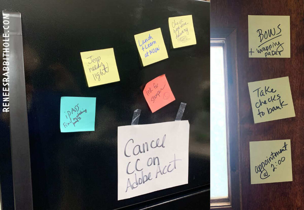 post-it notes on refrigerator and door