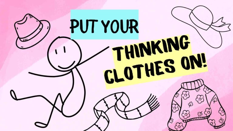 stick person surrounded by articles of clothing