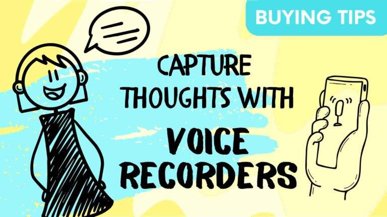 stick woman with doodle sketch of handheld voice recorder