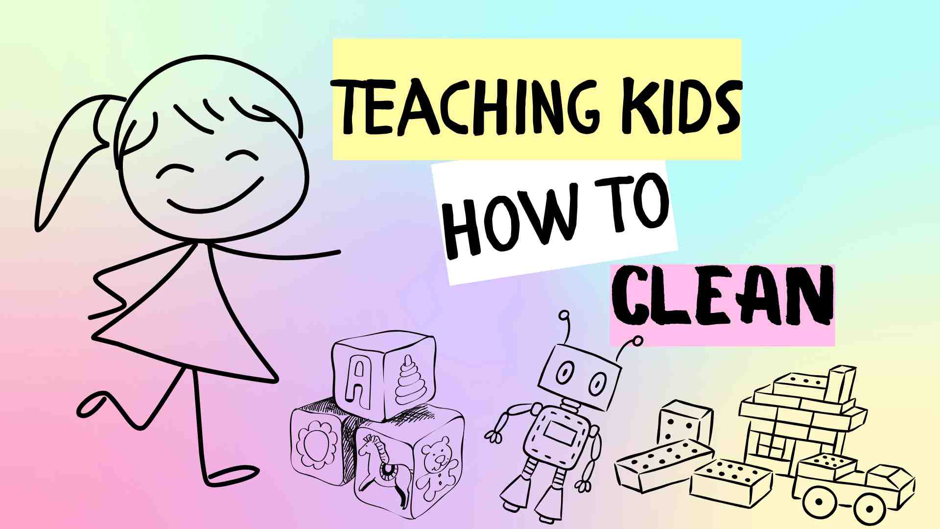 stick person girl surrounded by toys