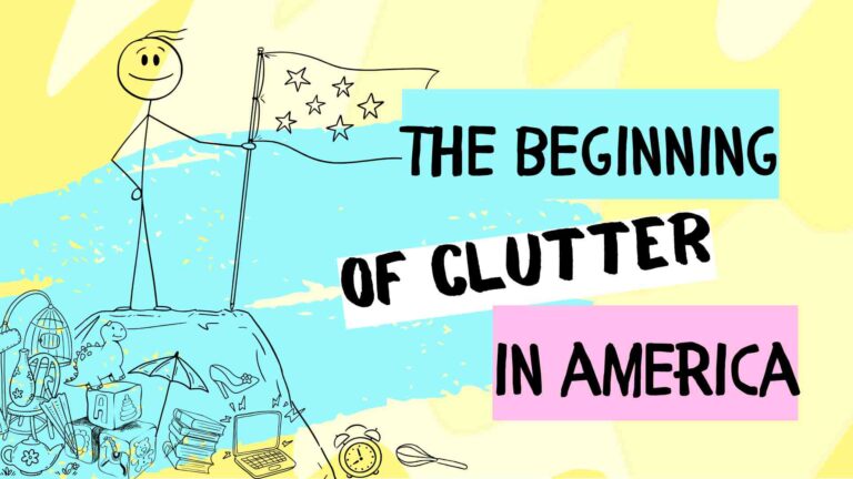 stick person with flag on pile of clutter