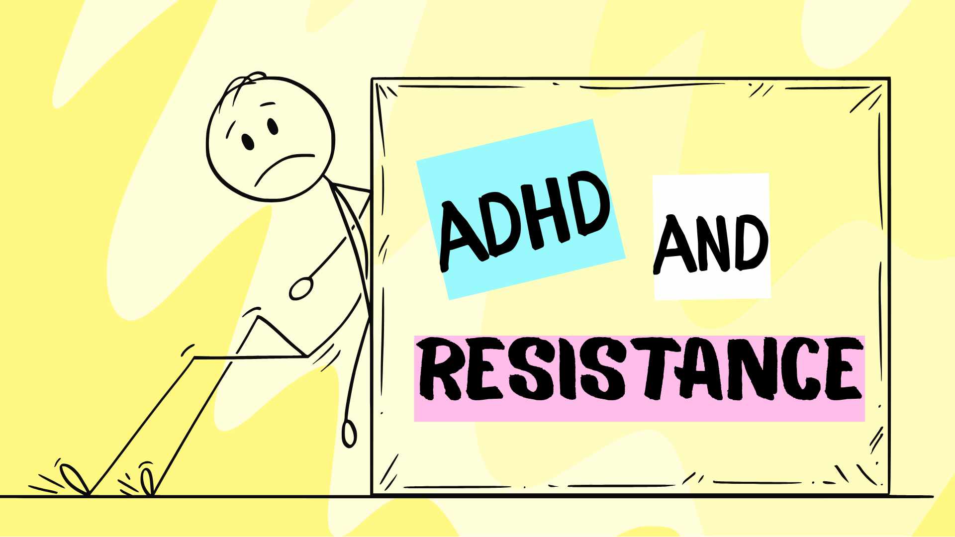 stick person pushing up against a sign board.