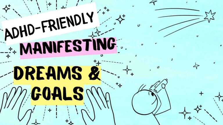 stick person with binoculars looks at stars; pair of hands representing manifesting thoughts