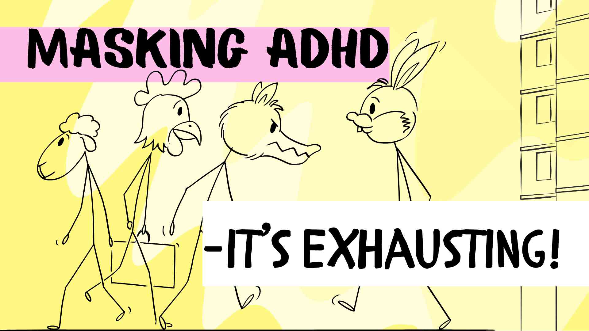 stick people walking on the street with different animal masks on