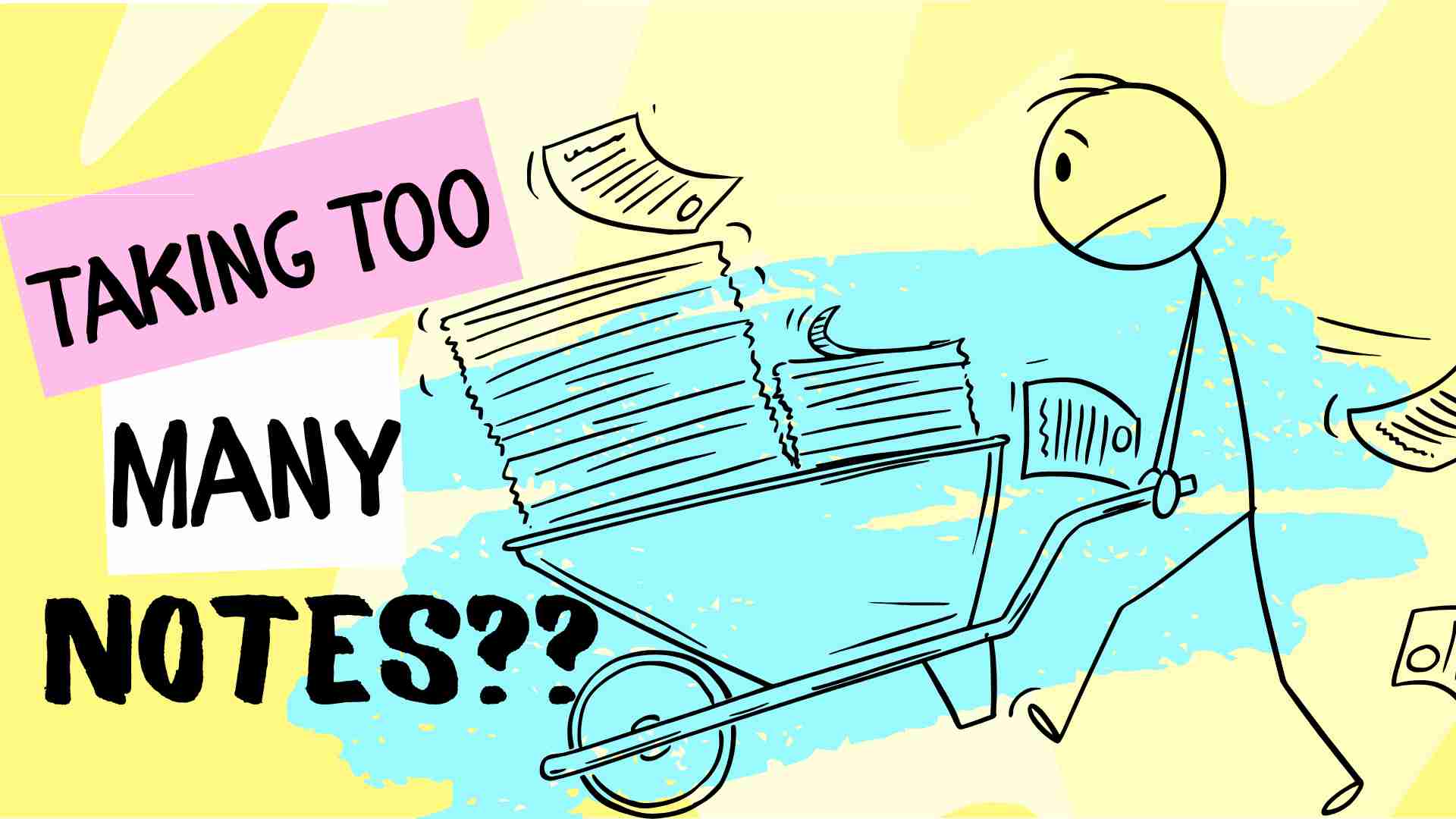 stick person with wheelbarrow filled with paper